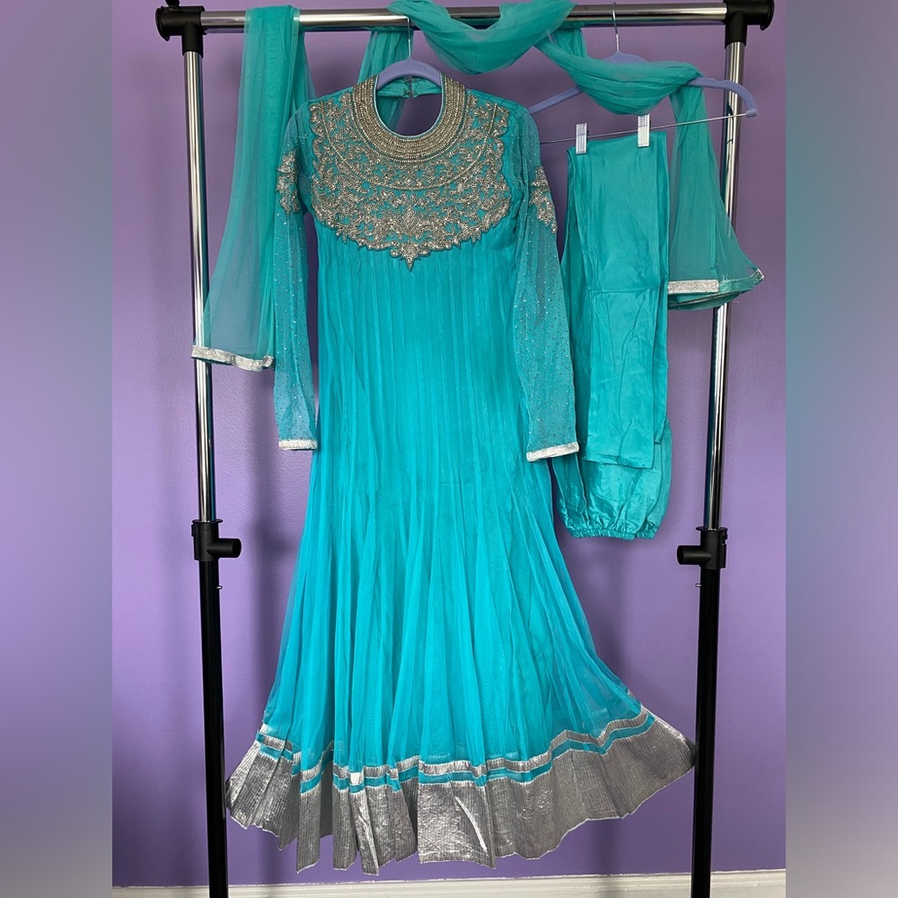 Indian frock suit/gown light blue with silver.